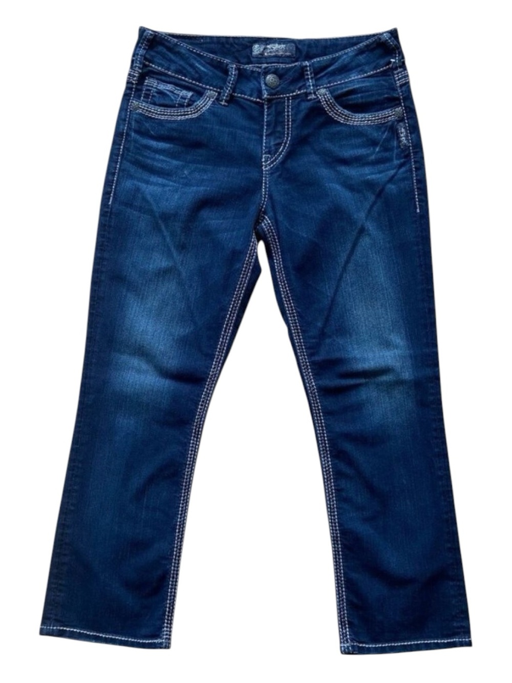Silver jeans Mid Suki Capri crop blue denim mid rise double stitches straight 28